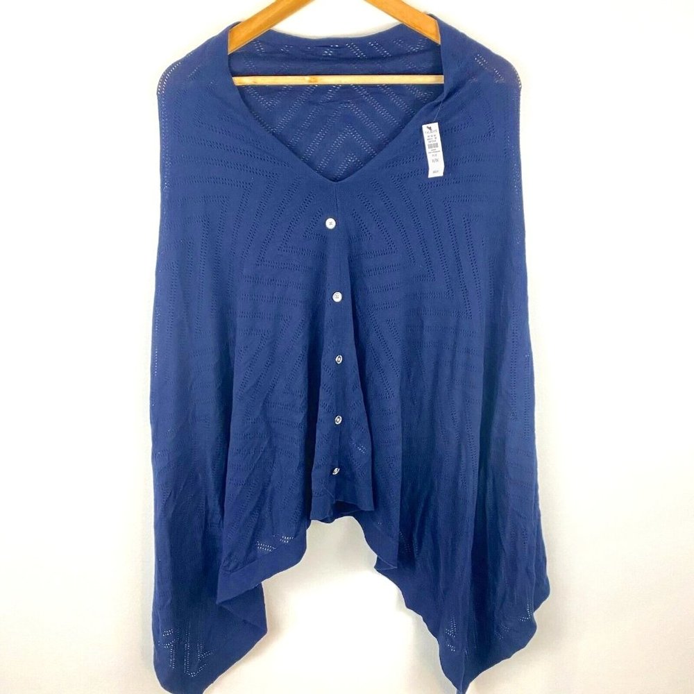 Talbots Shawl Shrug Sweater Womens Size 1X Navy Blue Pullover Knit Side Button